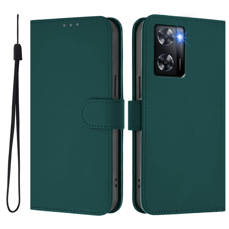 For OPPO A57 4G Global Skin Feel Solid Color Leather Phone Case with Lanyard