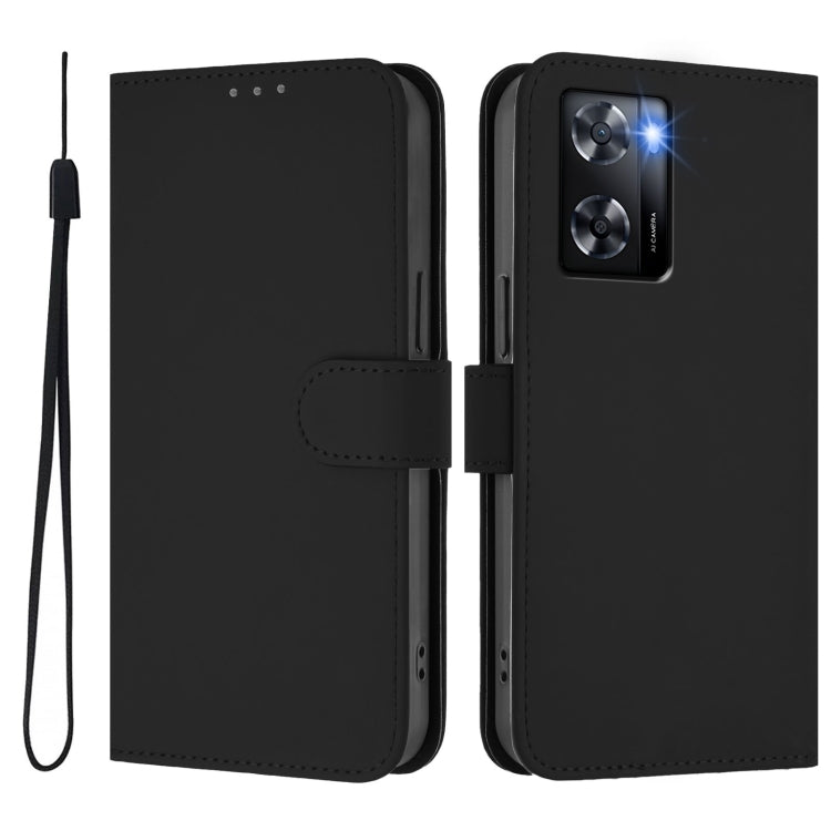 For OPPO A57 4G Global Skin Feel Solid Color Leather Phone Case with Lanyard