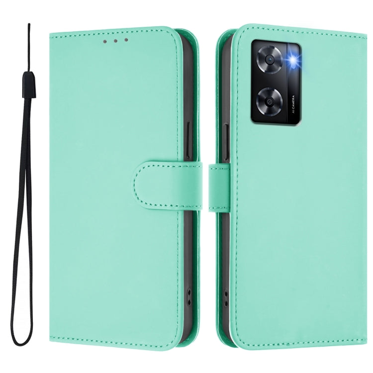 For OPPO A57 4G Global Skin Feel Solid Color Leather Phone Case with Lanyard