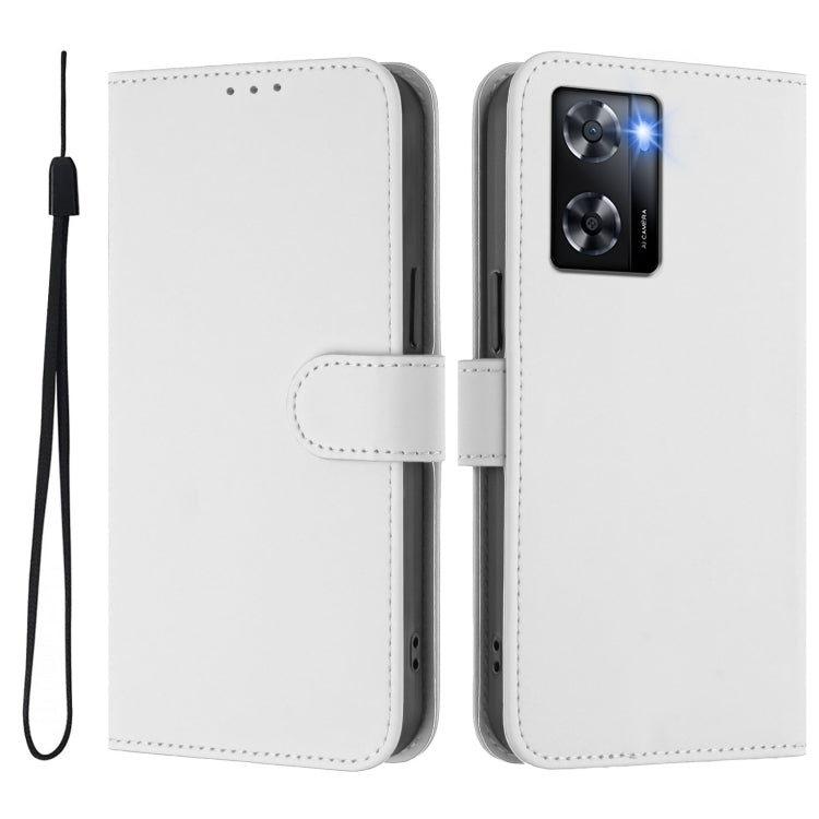 For OPPO A57 4G Global Skin Feel Solid Color Leather Phone Case with Lanyard