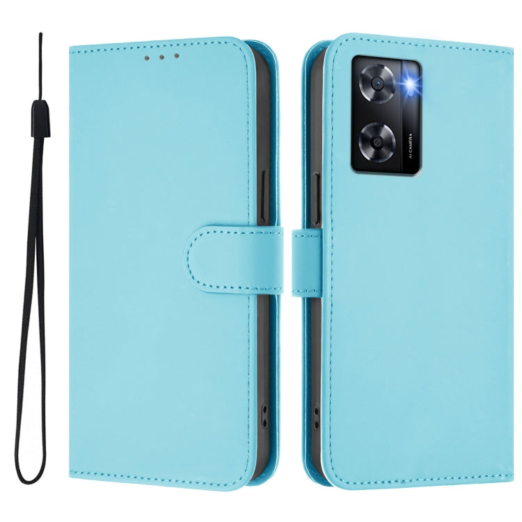 For OPPO A57 4G Global Skin Feel Solid Color Leather Phone Case with Lanyard