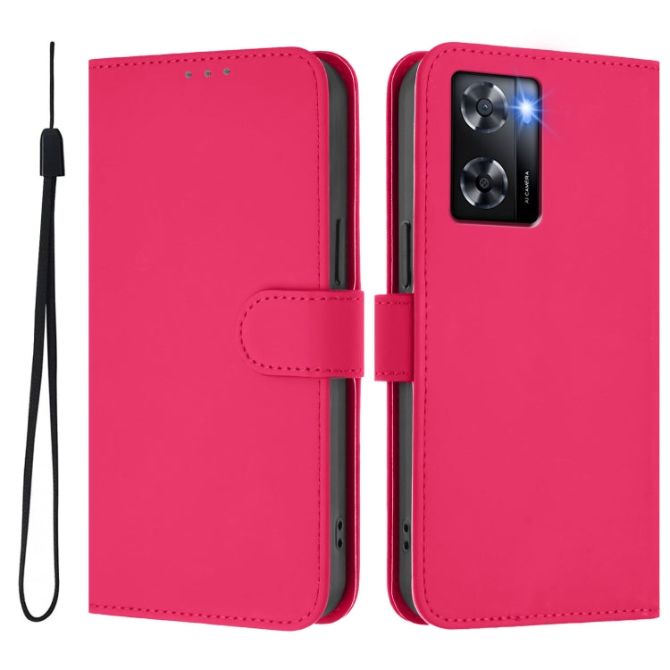 For OPPO A57 4G Global Skin Feel Solid Color Leather Phone Case with Lanyard