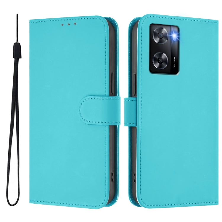 For OPPO A57 4G Global Skin Feel Solid Color Leather Phone Case with Lanyard