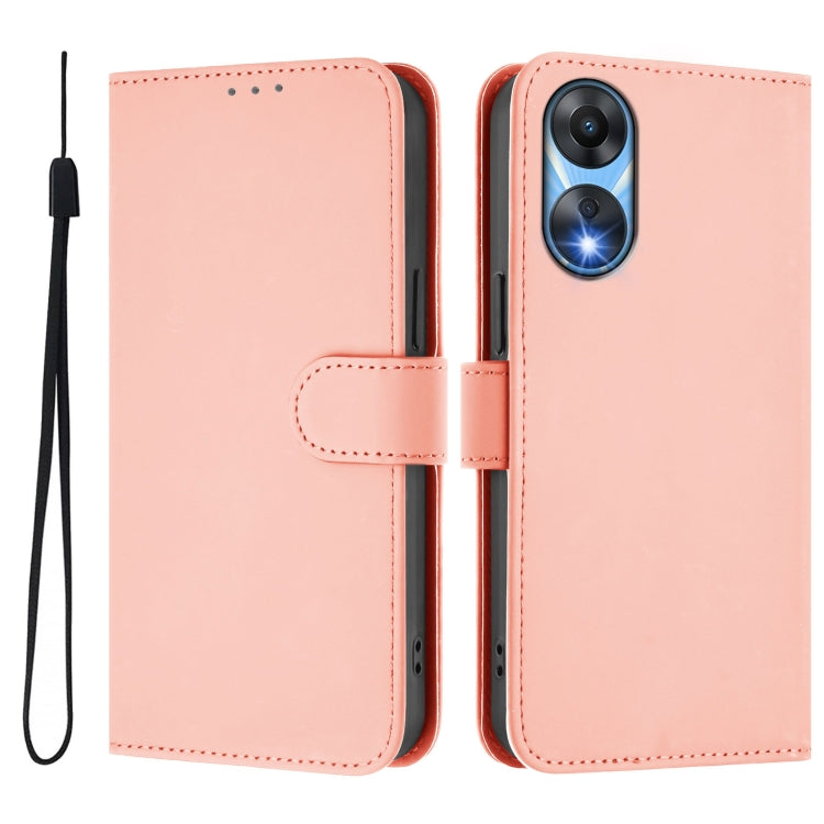 For OPPO A78 5G Global Skin Feel Solid Color Leather Phone Case with Lanyard