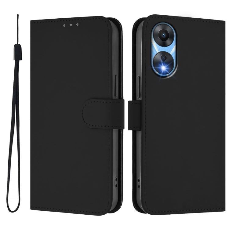 For OPPO A78 5G Global Skin Feel Solid Color Leather Phone Case with Lanyard