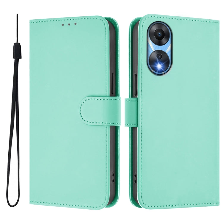 For OPPO A78 5G Global Skin Feel Solid Color Leather Phone Case with Lanyard