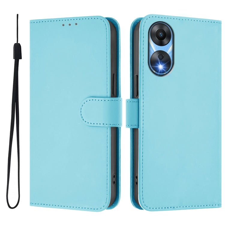 For OPPO A78 5G Global Skin Feel Solid Color Leather Phone Case with Lanyard