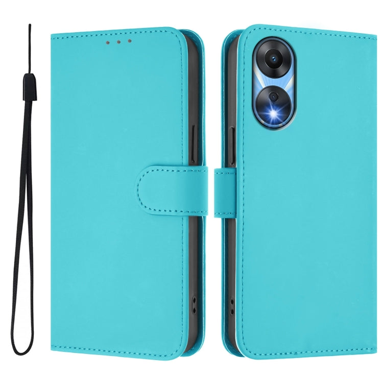 For OPPO A78 5G Global Skin Feel Solid Color Leather Phone Case with Lanyard