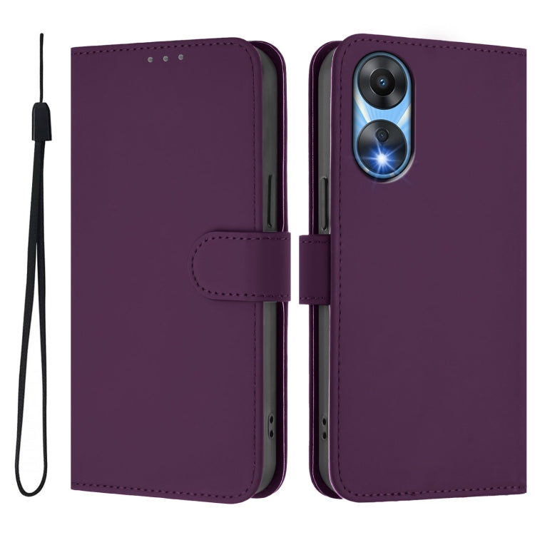 For OPPO A78 5G Global Skin Feel Solid Color Leather Phone Case with Lanyard