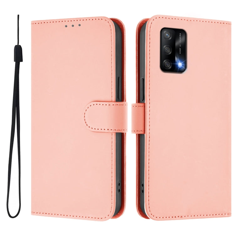 For OPPO A74 4G / F19 / F19s Skin Feel Solid Color Leather Phone Case with Lanyard