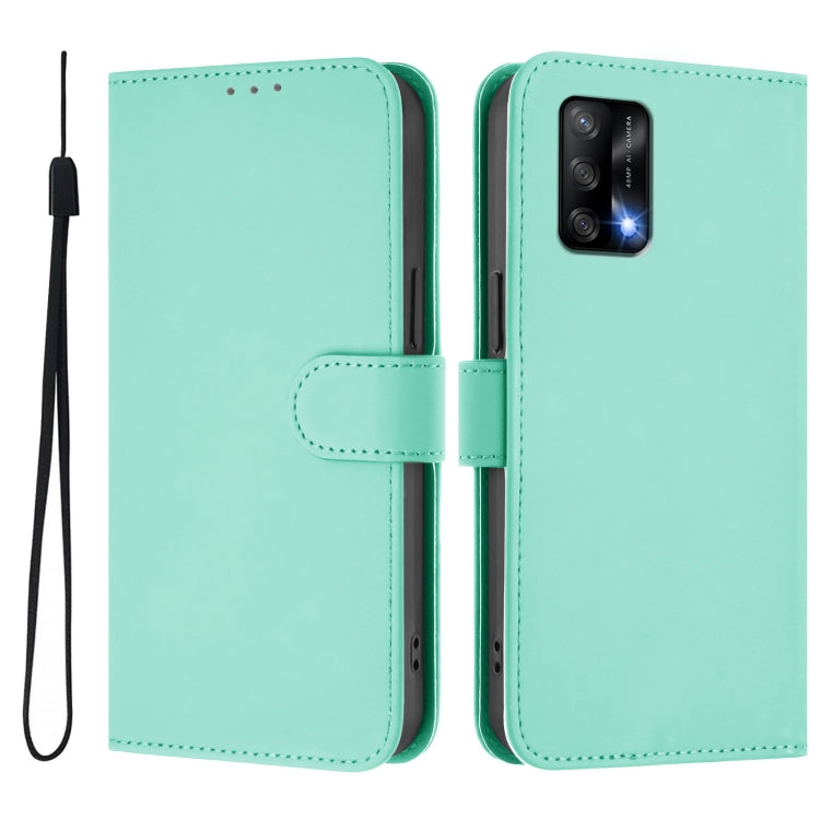 For OPPO A74 4G / F19 / F19s Skin Feel Solid Color Leather Phone Case with Lanyard