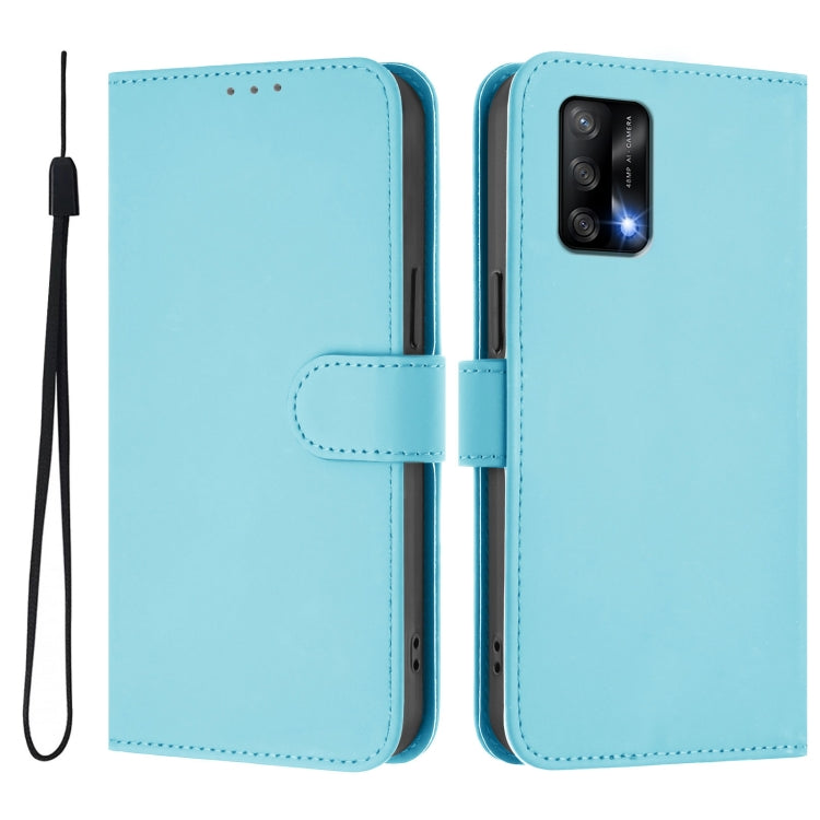 For OPPO A74 4G / F19 / F19s Skin Feel Solid Color Leather Phone Case with Lanyard