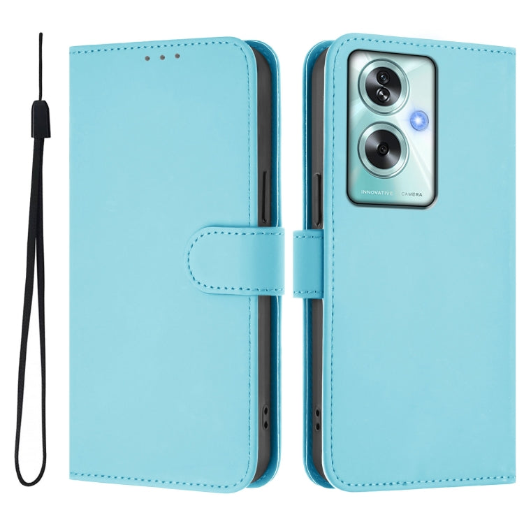 For OPPO A79 5G Global Skin Feel Solid Color Leather Phone Case with Lanyard