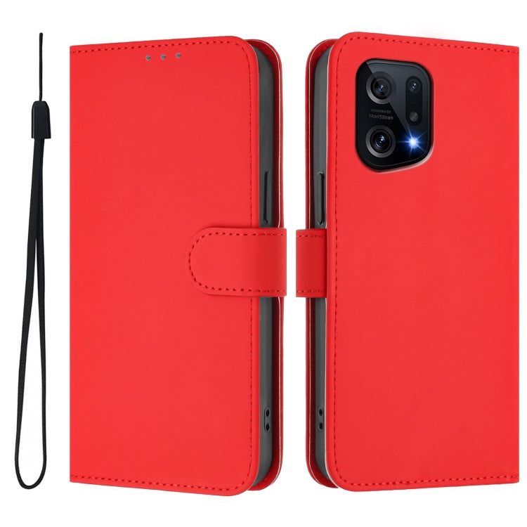 For OPPO Find X5 Skin Feel Solid Color Leather Phone Case with Lanyard