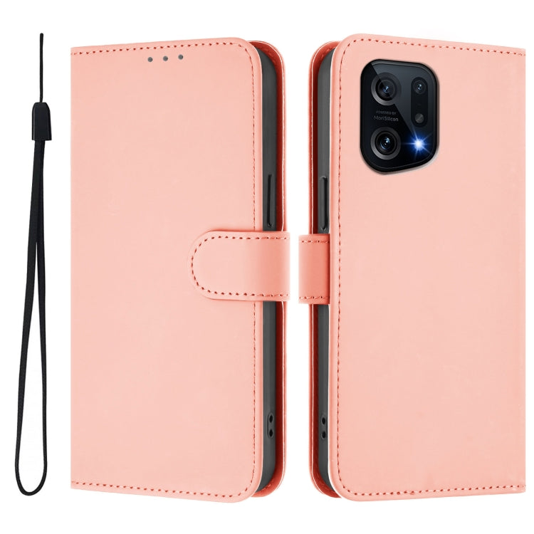 For OPPO Find X5 Skin Feel Solid Color Leather Phone Case with Lanyard