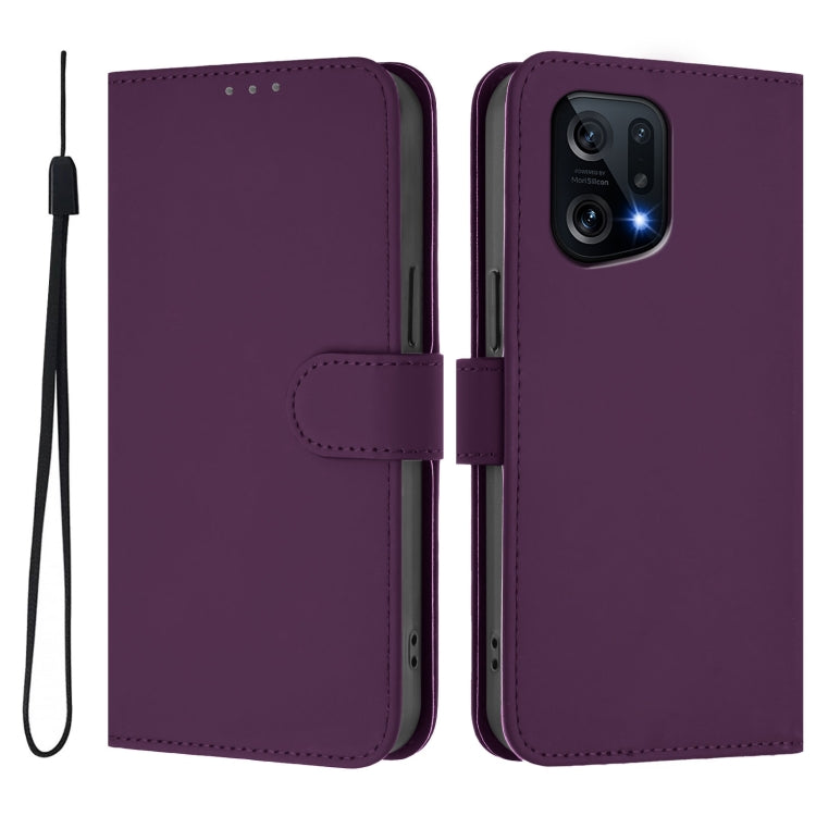 For OPPO Find X5 Skin Feel Solid Color Leather Phone Case with Lanyard