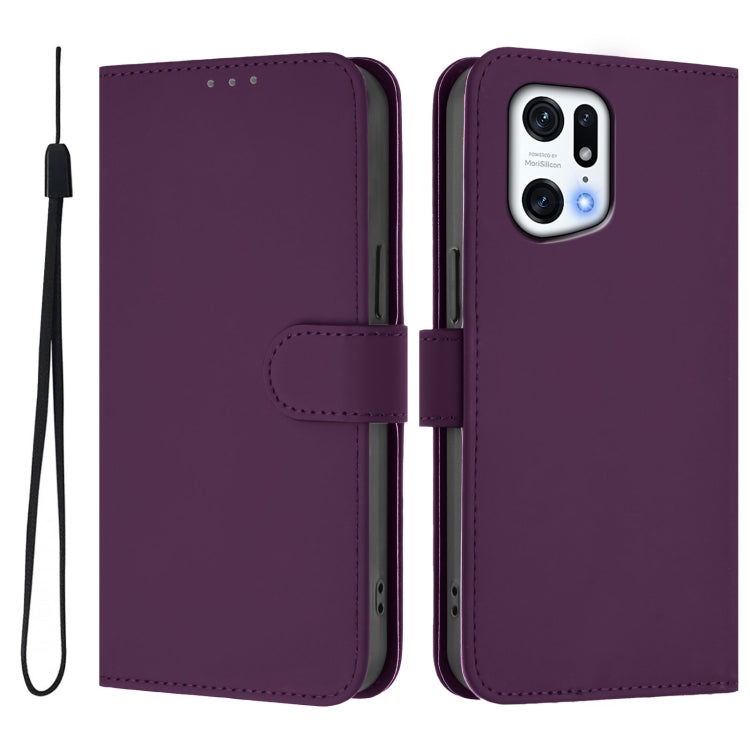 For OPPO Find X5 Pro Skin Feel Solid Color Leather Phone Case with Lanyard