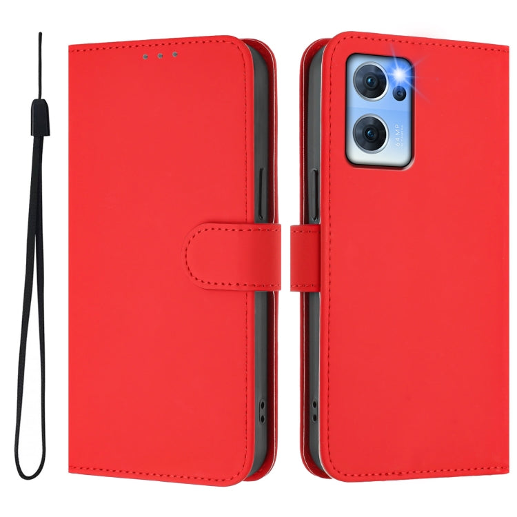 For OPPO Reno7 5G Global Skin Feel Solid Color Leather Phone Case with Lanyard