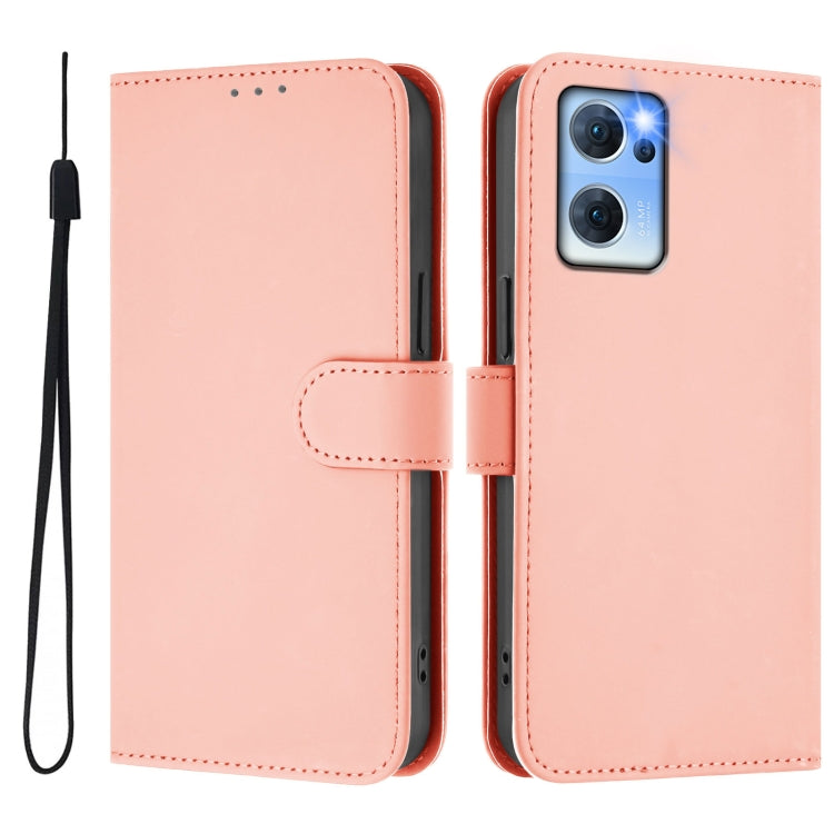 For OPPO Reno7 5G Global Skin Feel Solid Color Leather Phone Case with Lanyard