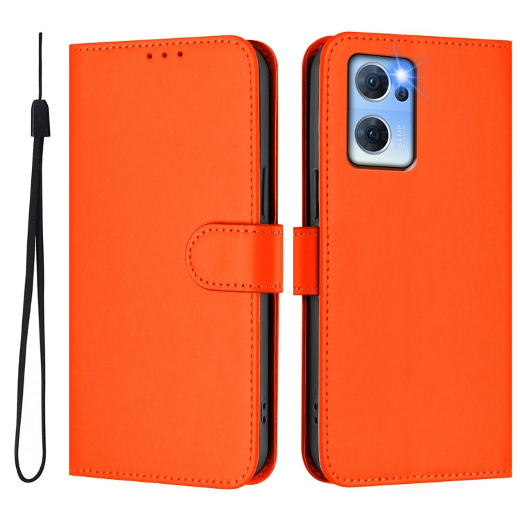 For OPPO Reno7 5G Global Skin Feel Solid Color Leather Phone Case with Lanyard