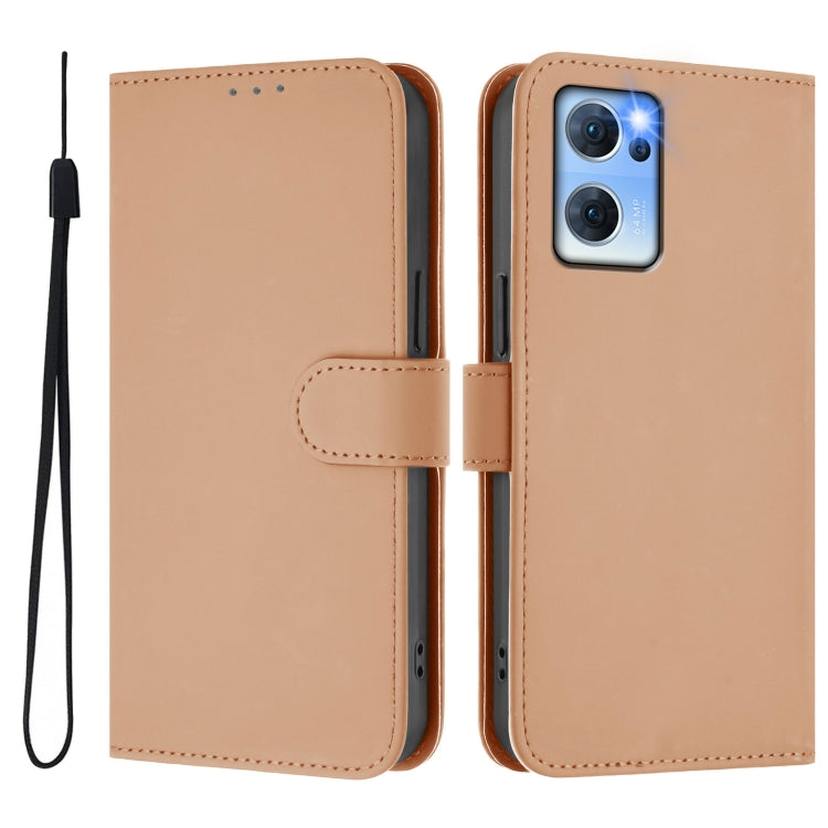 For OPPO Reno7 5G Global Skin Feel Solid Color Leather Phone Case with Lanyard