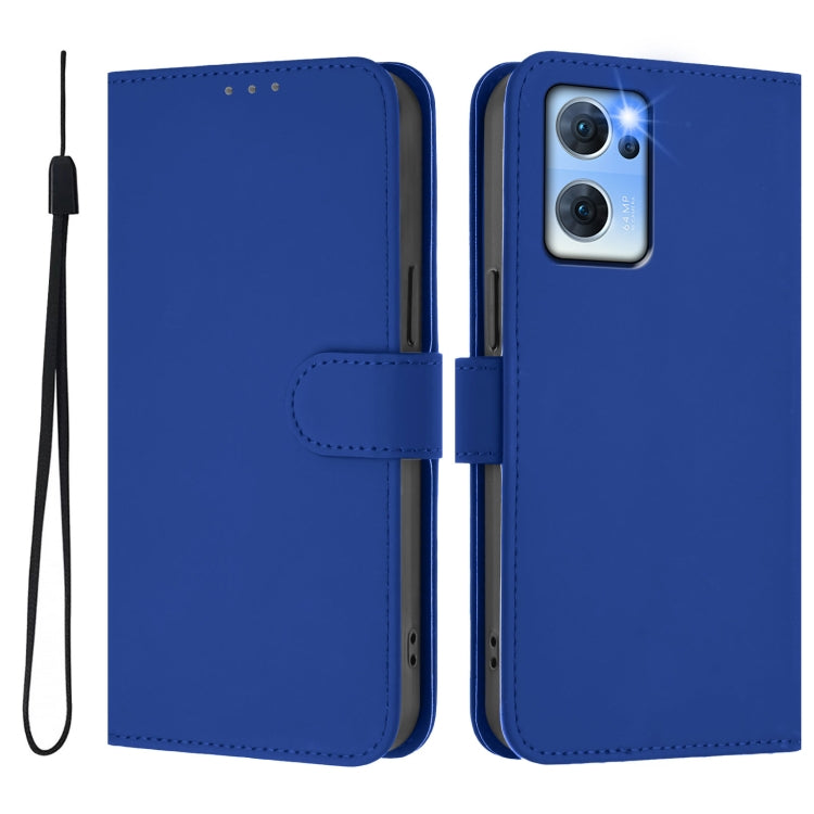 For OPPO Reno7 5G Global Skin Feel Solid Color Leather Phone Case with Lanyard