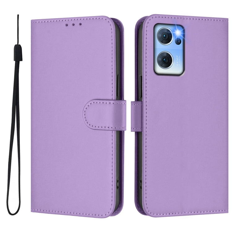 For OPPO Reno7 5G Global Skin Feel Solid Color Leather Phone Case with Lanyard