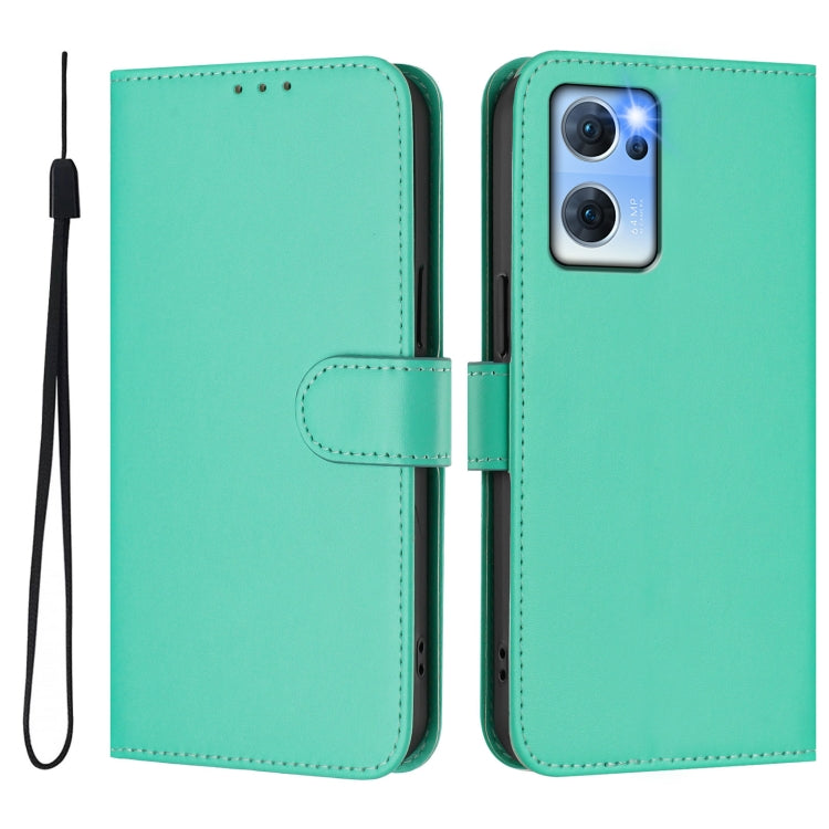 For OPPO Reno7 5G Global Skin Feel Solid Color Leather Phone Case with Lanyard