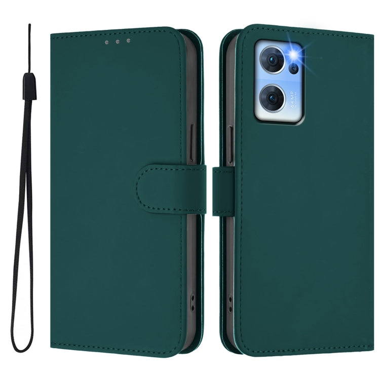 For OPPO Reno7 5G Global Skin Feel Solid Color Leather Phone Case with Lanyard