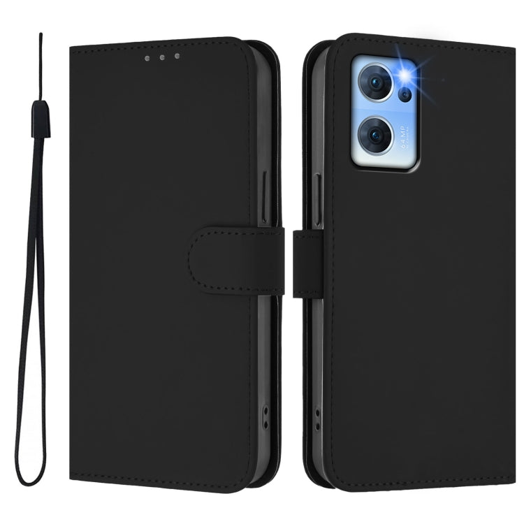 For OPPO Reno7 5G Global Skin Feel Solid Color Leather Phone Case with Lanyard