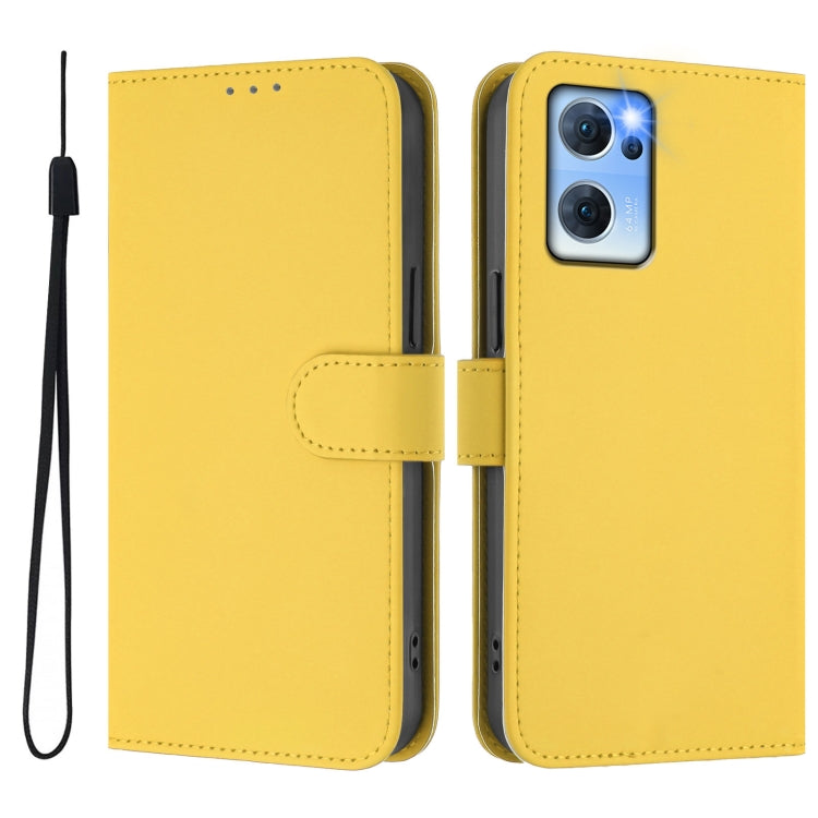 For OPPO Reno7 5G Global Skin Feel Solid Color Leather Phone Case with Lanyard