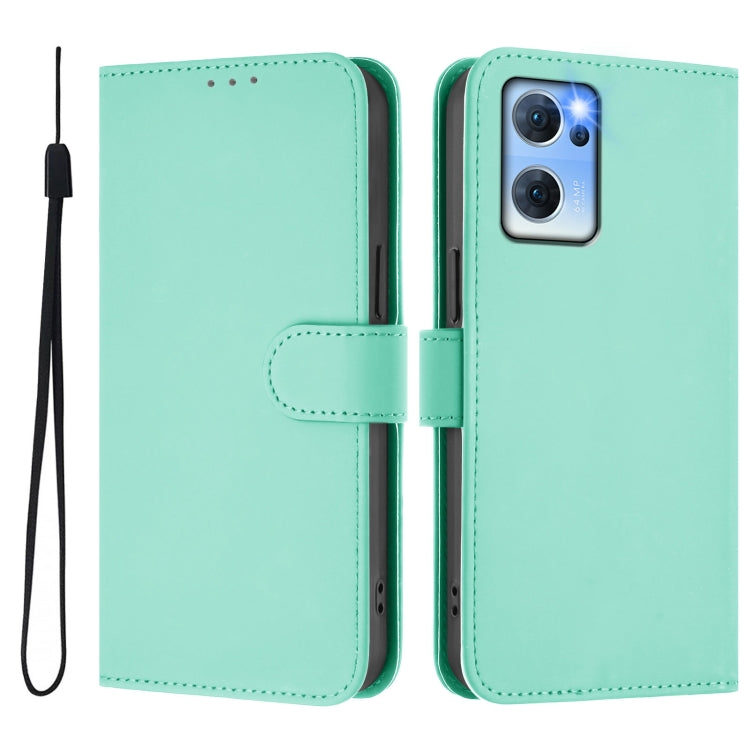 For OPPO Reno7 5G Global Skin Feel Solid Color Leather Phone Case with Lanyard