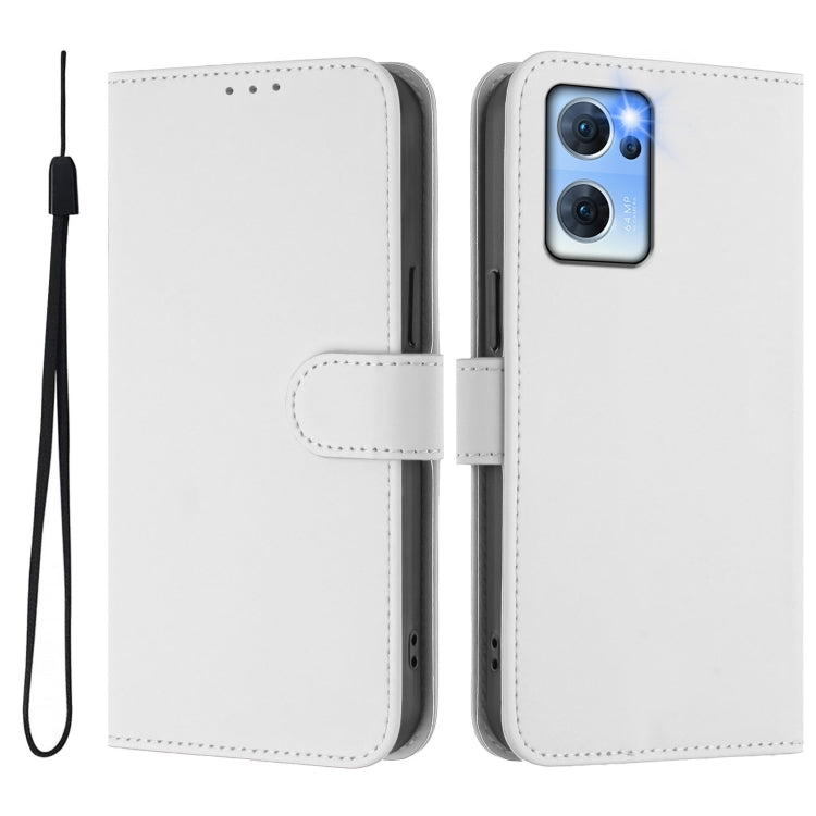 For OPPO Reno7 5G Global Skin Feel Solid Color Leather Phone Case with Lanyard