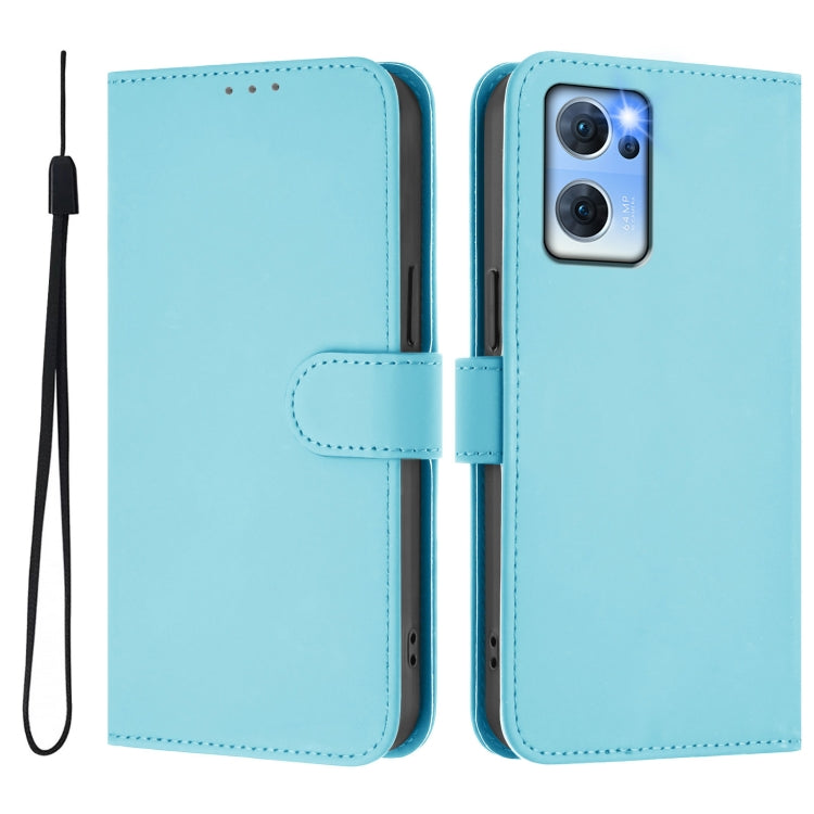 For OPPO Reno7 5G Global Skin Feel Solid Color Leather Phone Case with Lanyard