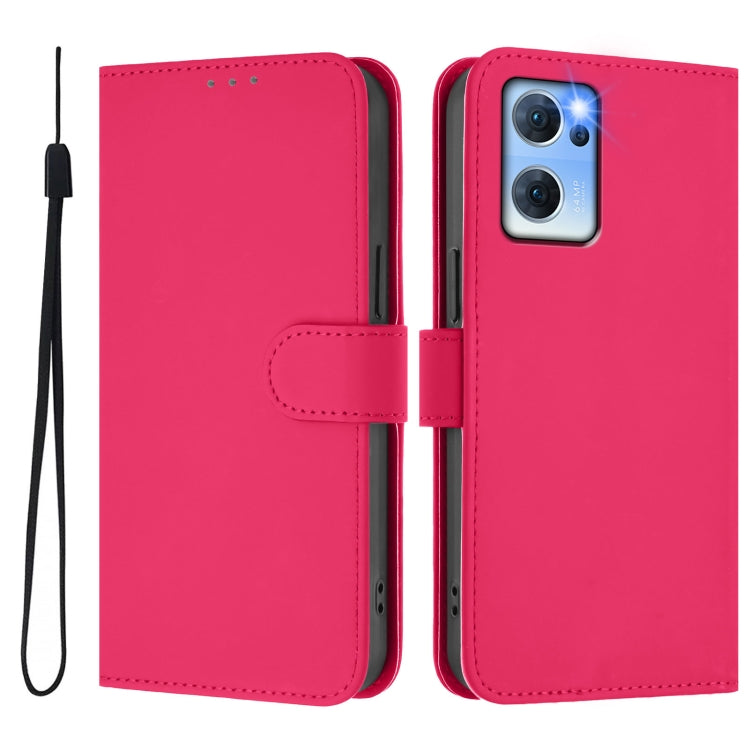 For OPPO Reno7 5G Global Skin Feel Solid Color Leather Phone Case with Lanyard