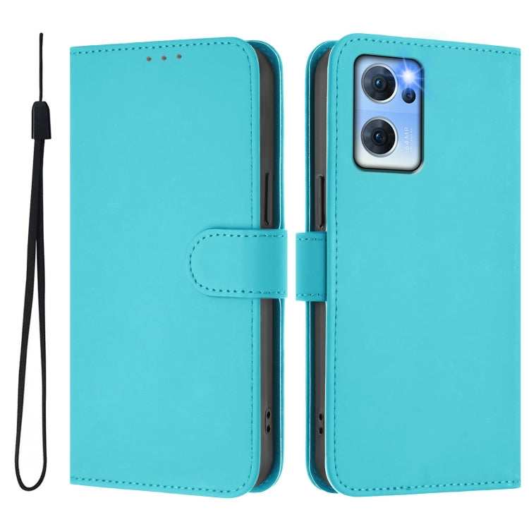 For OPPO Reno7 5G Global Skin Feel Solid Color Leather Phone Case with Lanyard