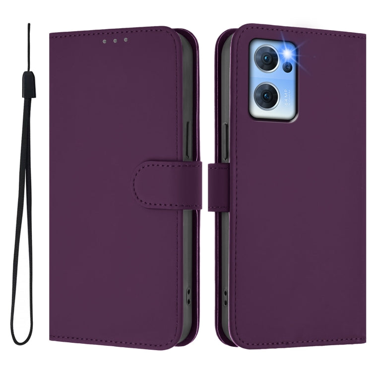 For OPPO Reno7 5G Global Skin Feel Solid Color Leather Phone Case with Lanyard