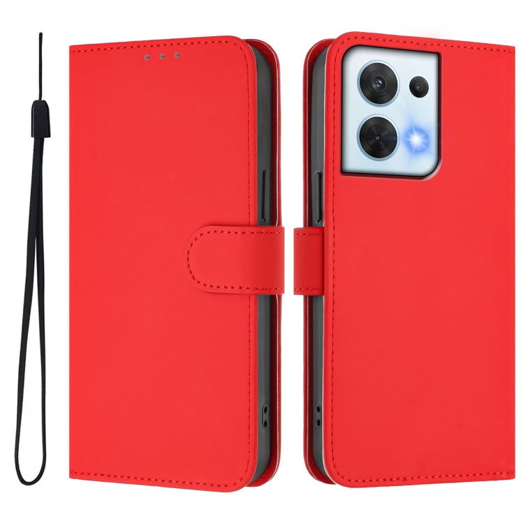 For OPPO Reno8 5G Skin Feel Solid Color Leather Phone Case with Lanyard