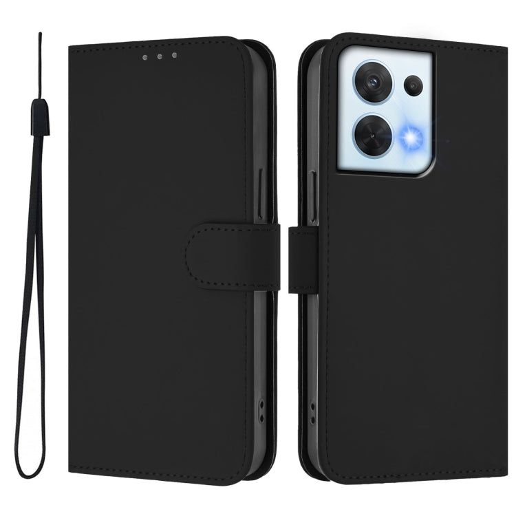For OPPO Reno8 5G Skin Feel Solid Color Leather Phone Case with Lanyard