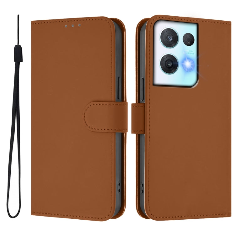 For OPPO Reno8 Pro 5G Skin Feel Solid Color Leather Phone Case with Lanyard