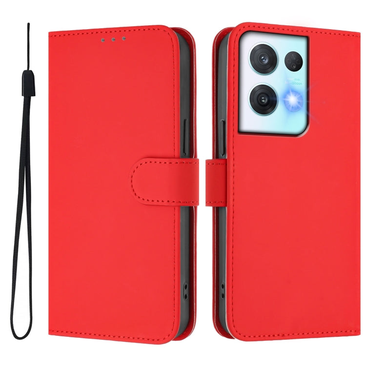 For OPPO Reno8 Pro 5G Skin Feel Solid Color Leather Phone Case with Lanyard