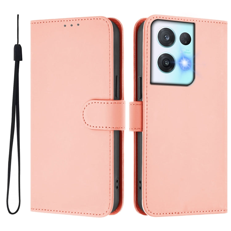 For OPPO Reno8 Pro 5G Skin Feel Solid Color Leather Phone Case with Lanyard