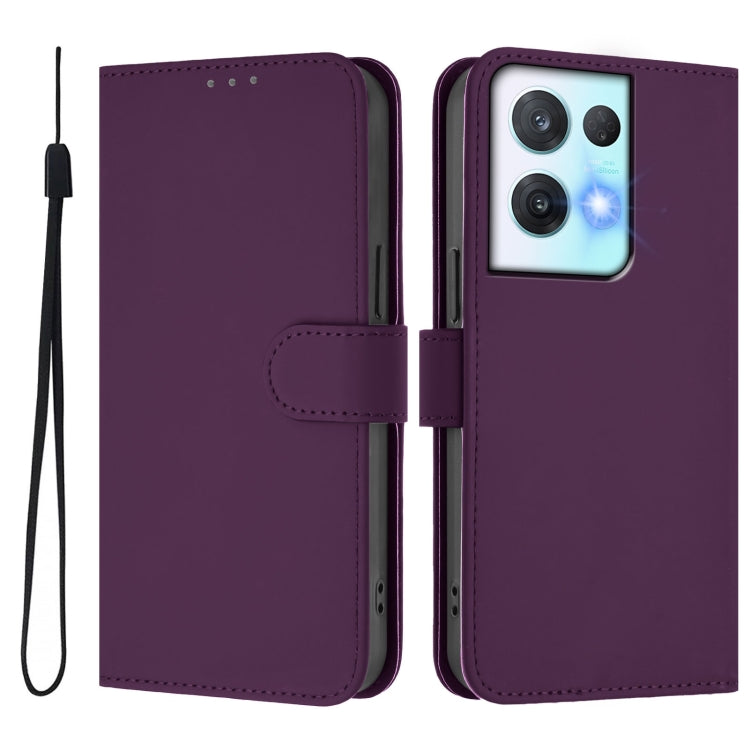 For OPPO Reno8 Pro 5G Skin Feel Solid Color Leather Phone Case with Lanyard