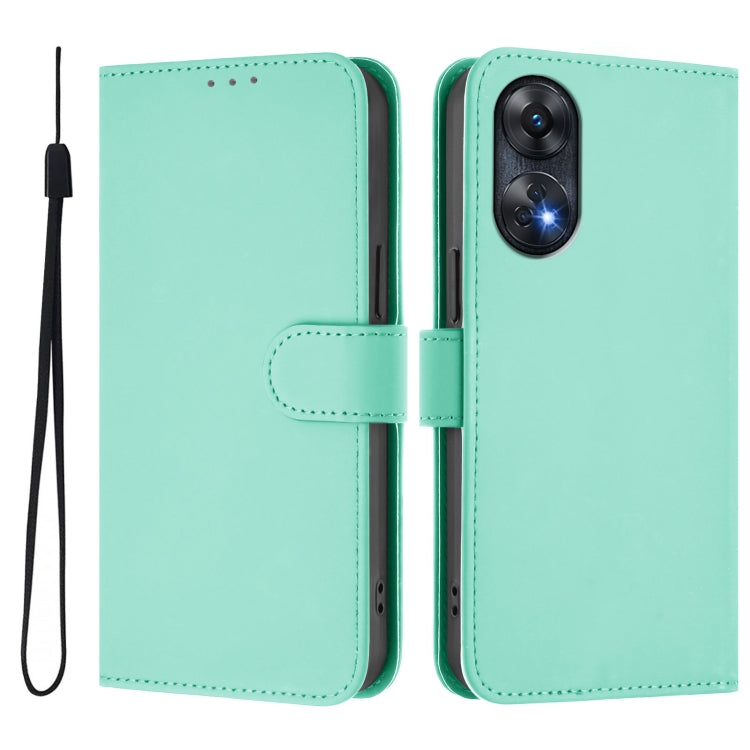 For OPPO Reno8 T 4G Skin Feel Solid Color Leather Phone Case with Lanyard