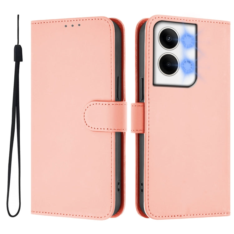 For OPPO Reno9 5G / Reno9 Pro 5G Skin Feel Solid Color Leather Phone Case with Lanyard