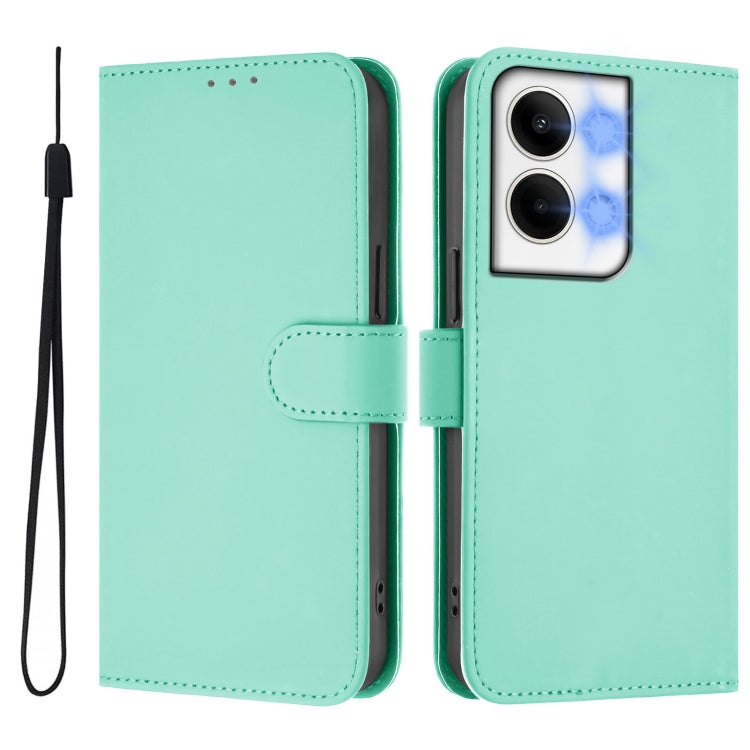 For OPPO Reno9 5G / Reno9 Pro 5G Skin Feel Solid Color Leather Phone Case with Lanyard