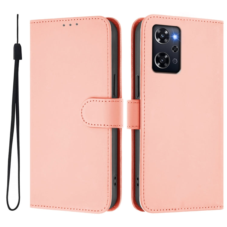For OPPO Reno9 A Skin Feel Solid Color Leather Phone Case with Lanyard