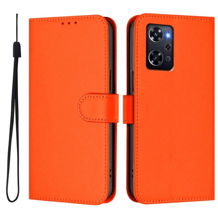 For OPPO Reno9 A Skin Feel Solid Color Leather Phone Case with Lanyard