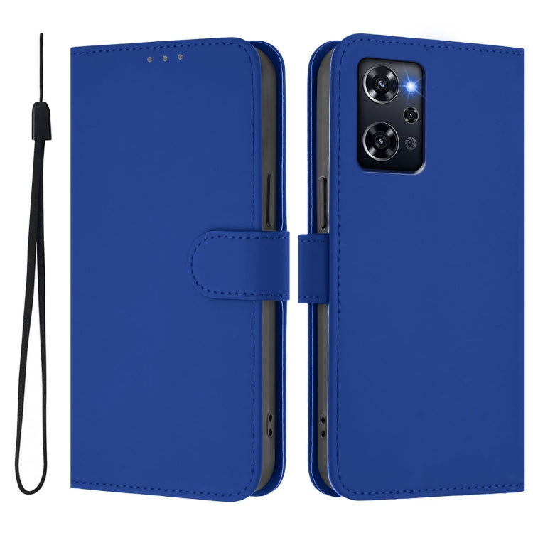 For OPPO Reno9 A Skin Feel Solid Color Leather Phone Case with Lanyard