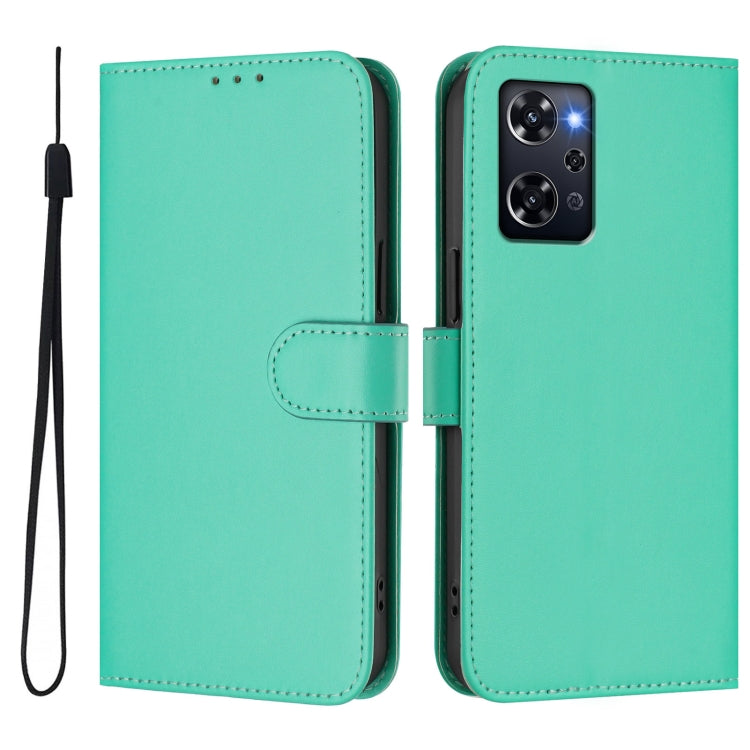 For OPPO Reno9 A Skin Feel Solid Color Leather Phone Case with Lanyard